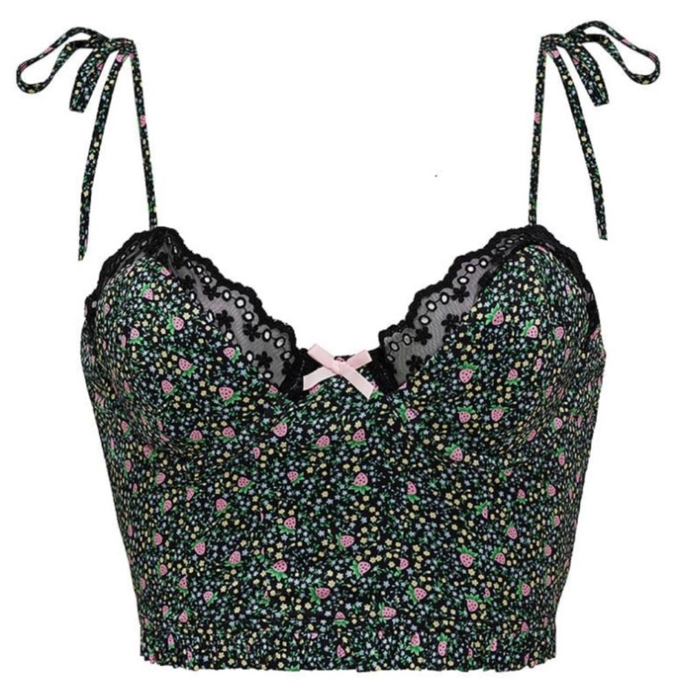 For Love And Lemons Farrah Black Floral Lace Trim Corset Bustier Crop Top Small